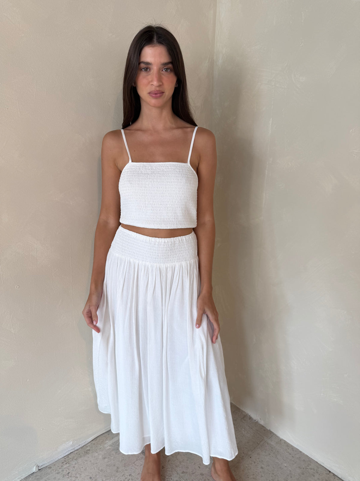 White Smocked Top & Skirt Set
