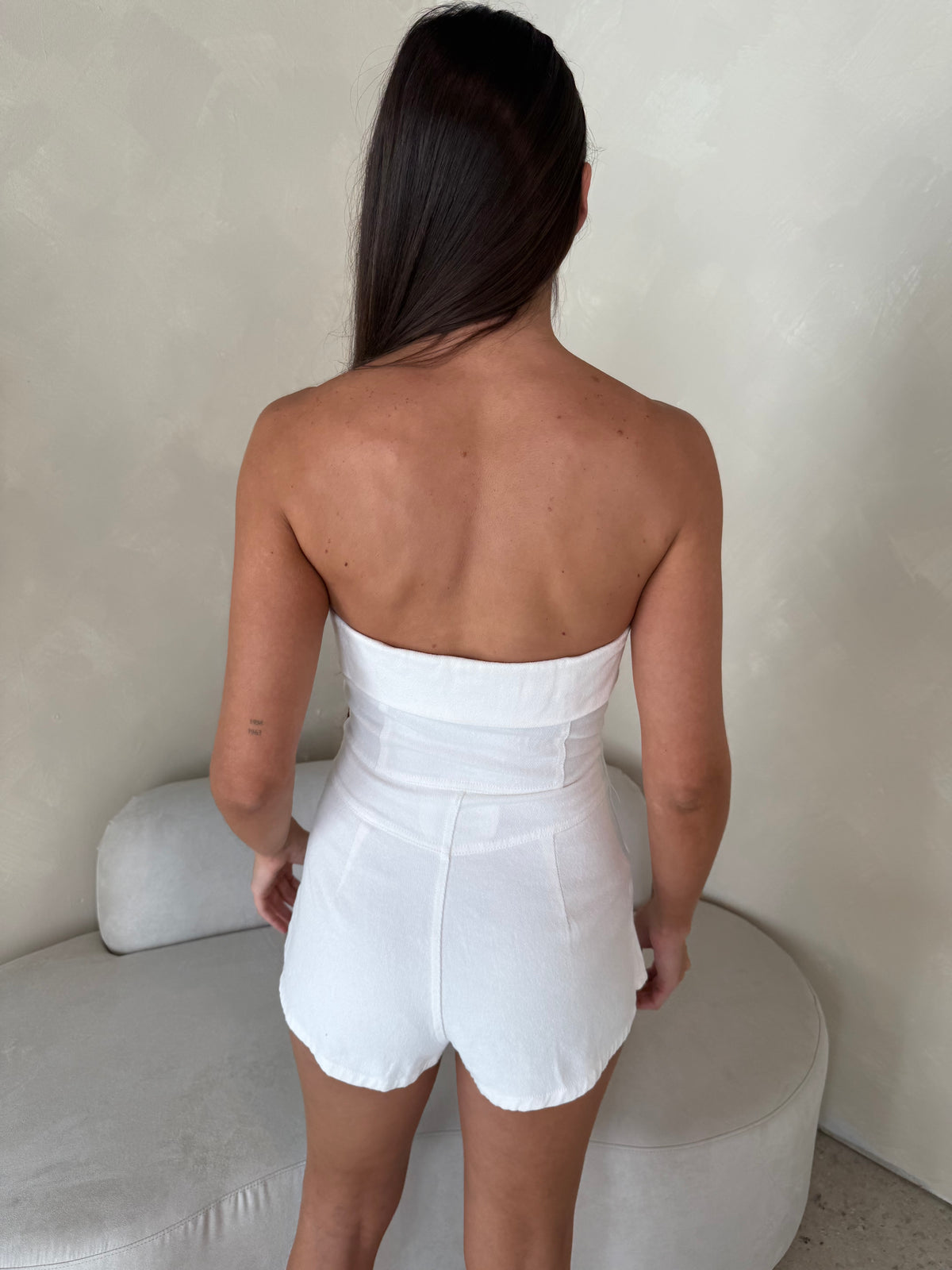 White Denim Strapless Romper
