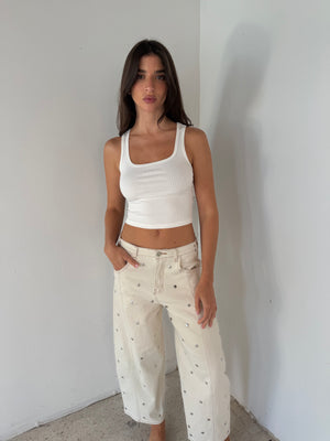 Beige Studded Barrel Pants