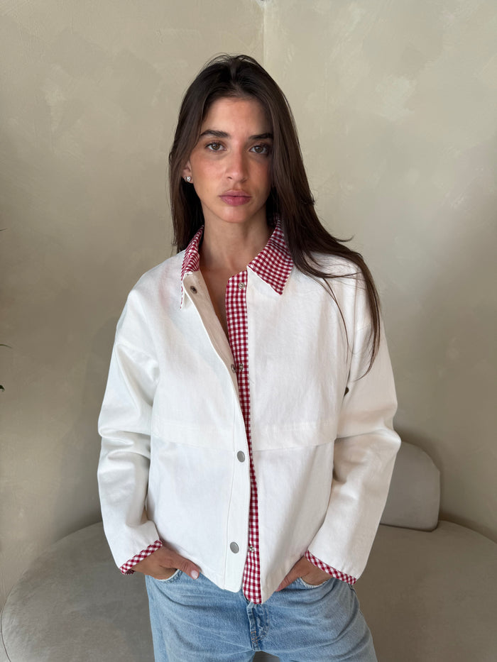 White Denim Jacket with Gingham Contrast