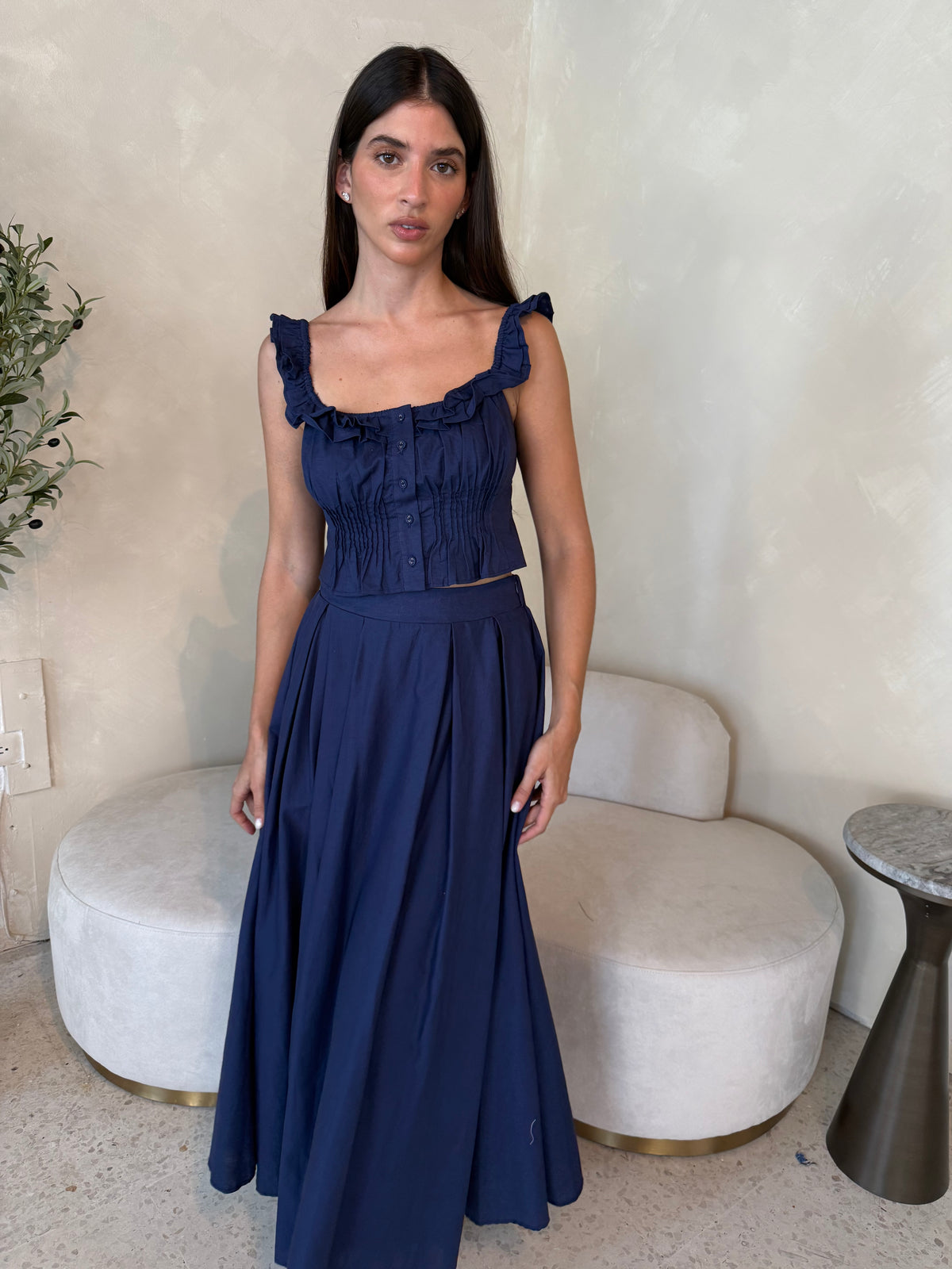 Navy Frilled Top & Midi Skirt Set