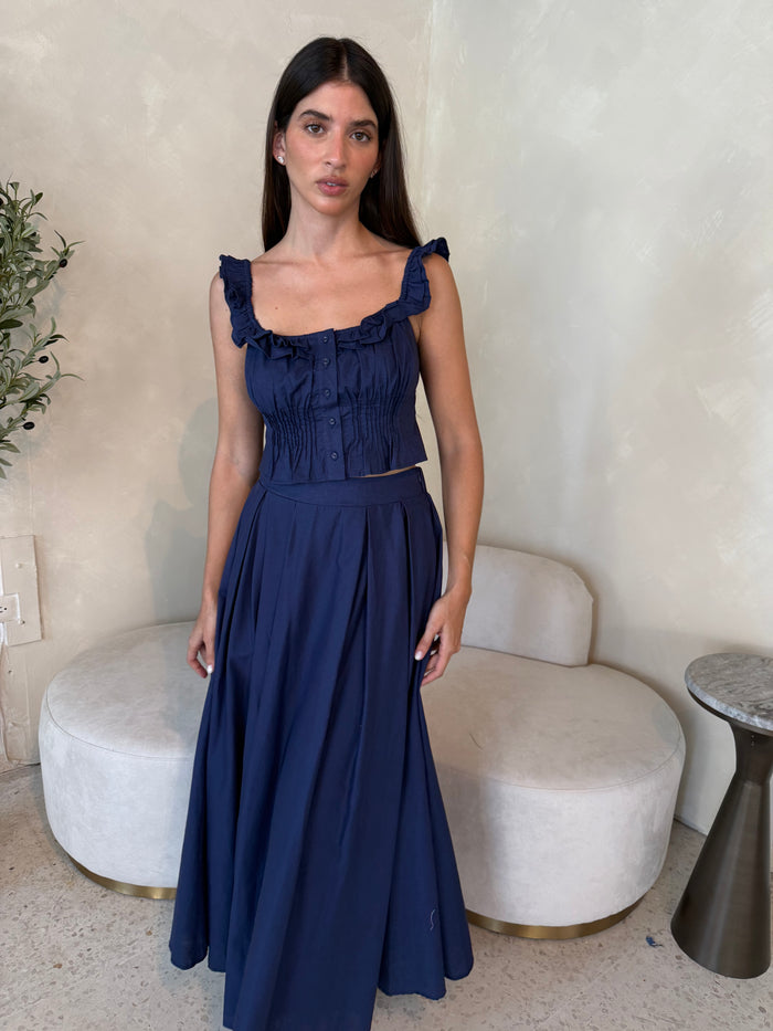 Navy Frilled Top & Midi Skirt Set