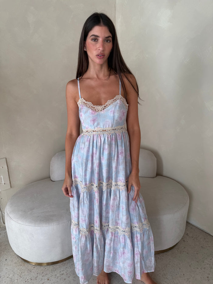 Blue Pink Lace Detail Maxi Dress
