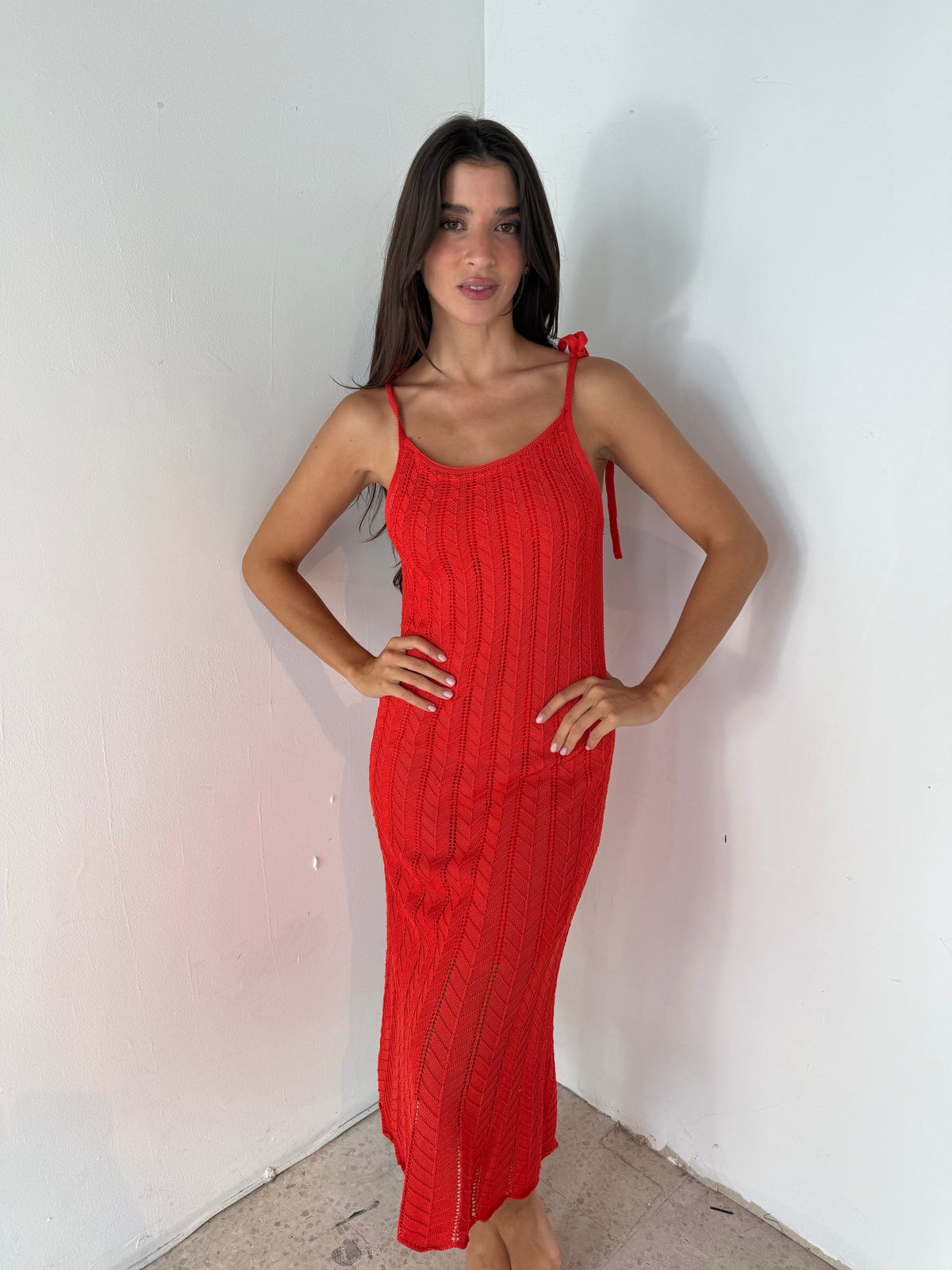 Red Tie Strap Knit Dress