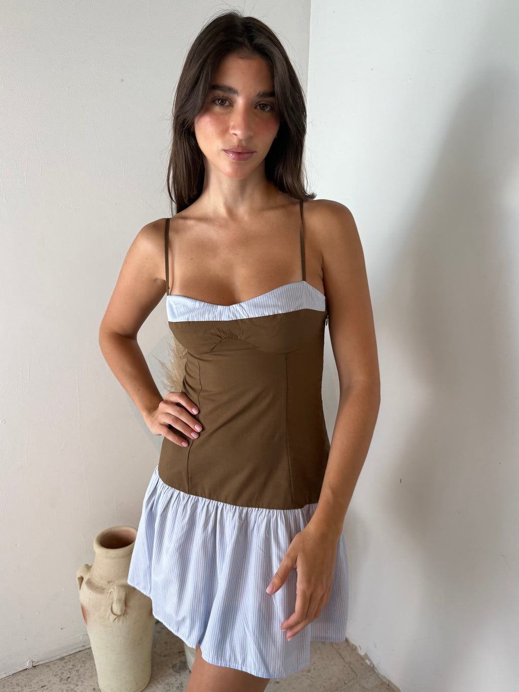Strap Mini Brown Dress