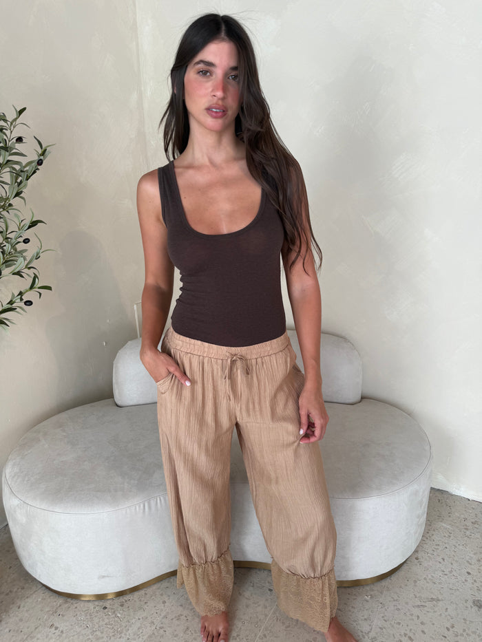 Taupe Lace Trim Pants