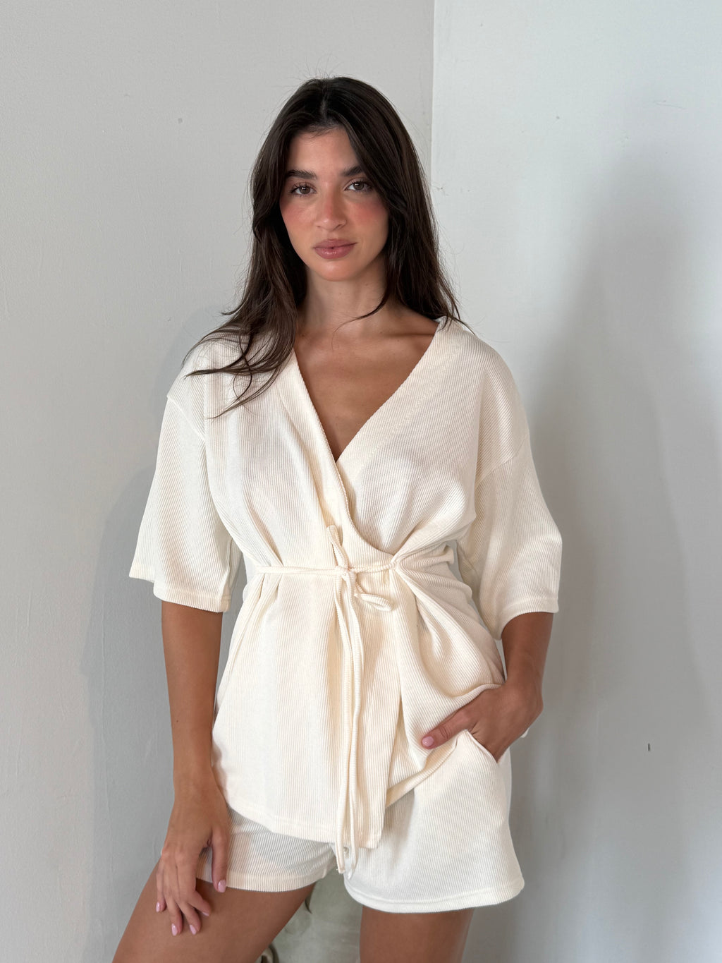Cream Ribbed Top & Short Set