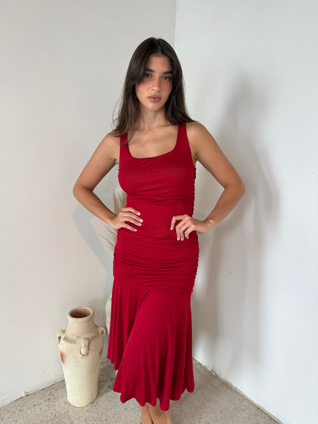 Red Ruched Midi Dress
