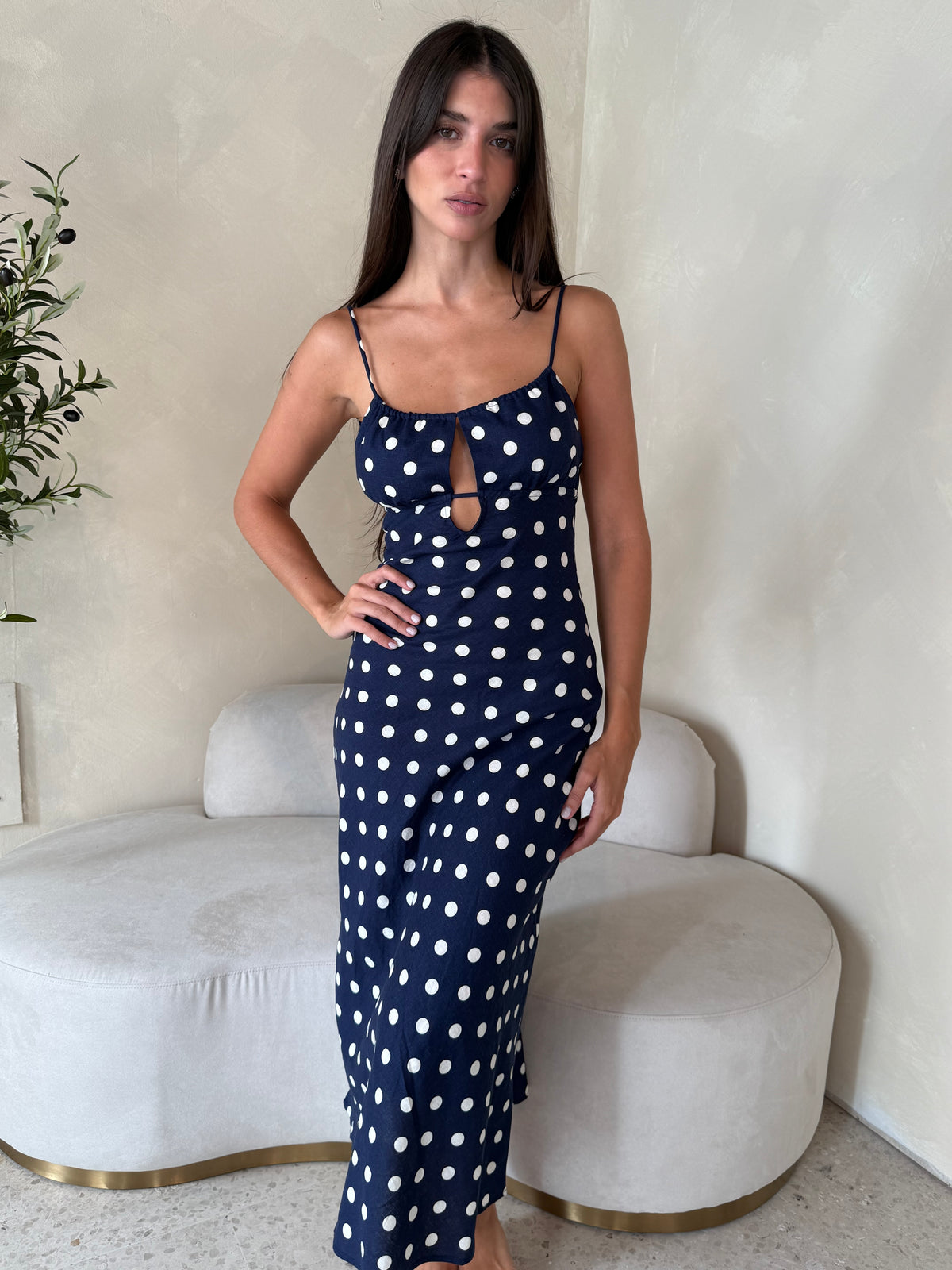 Navy Polka Midi Dress