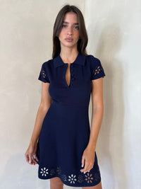 Navy SS Eyelet Polo Dress