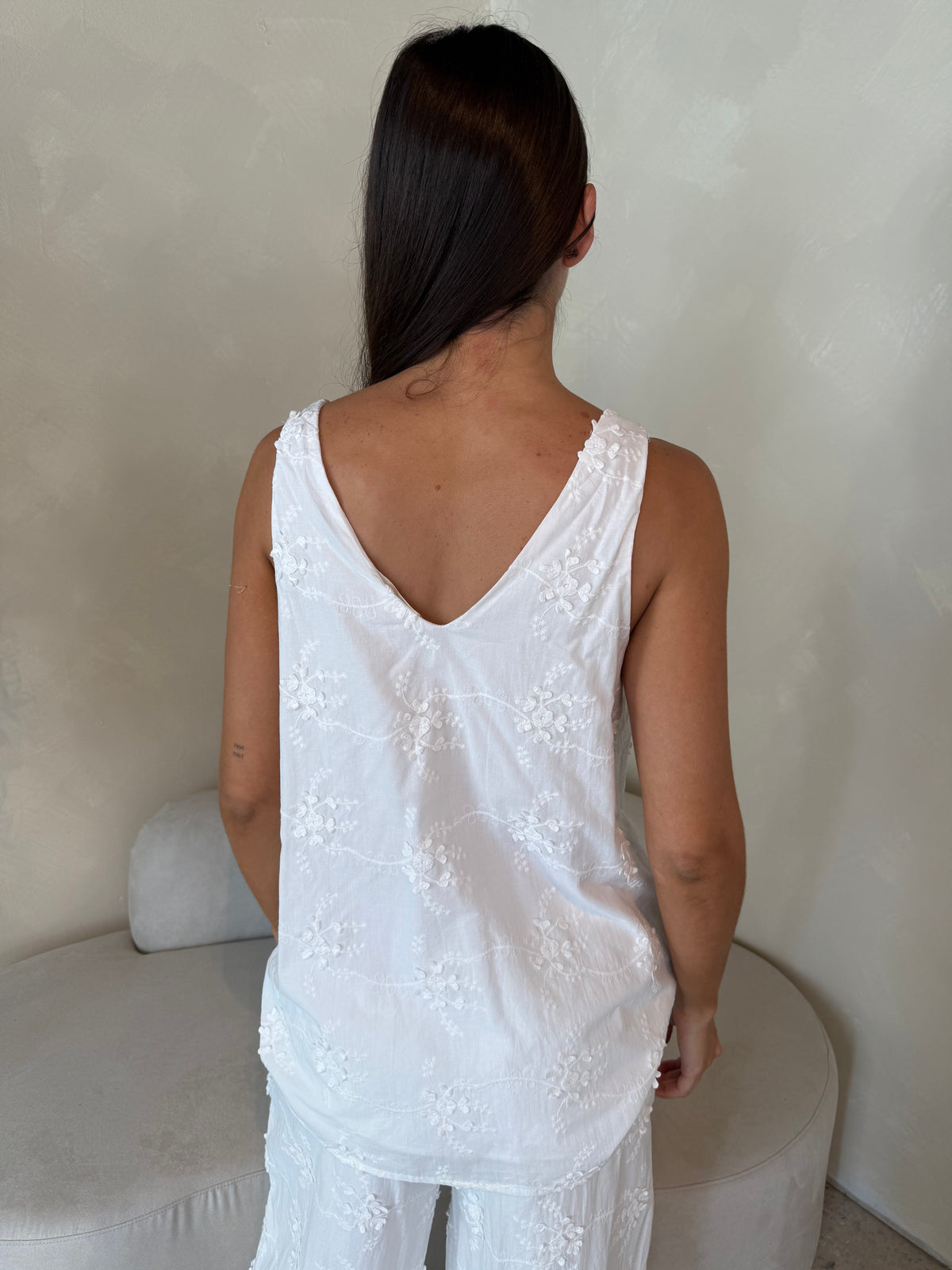 White Vneck Embroidered Top & Pant Set