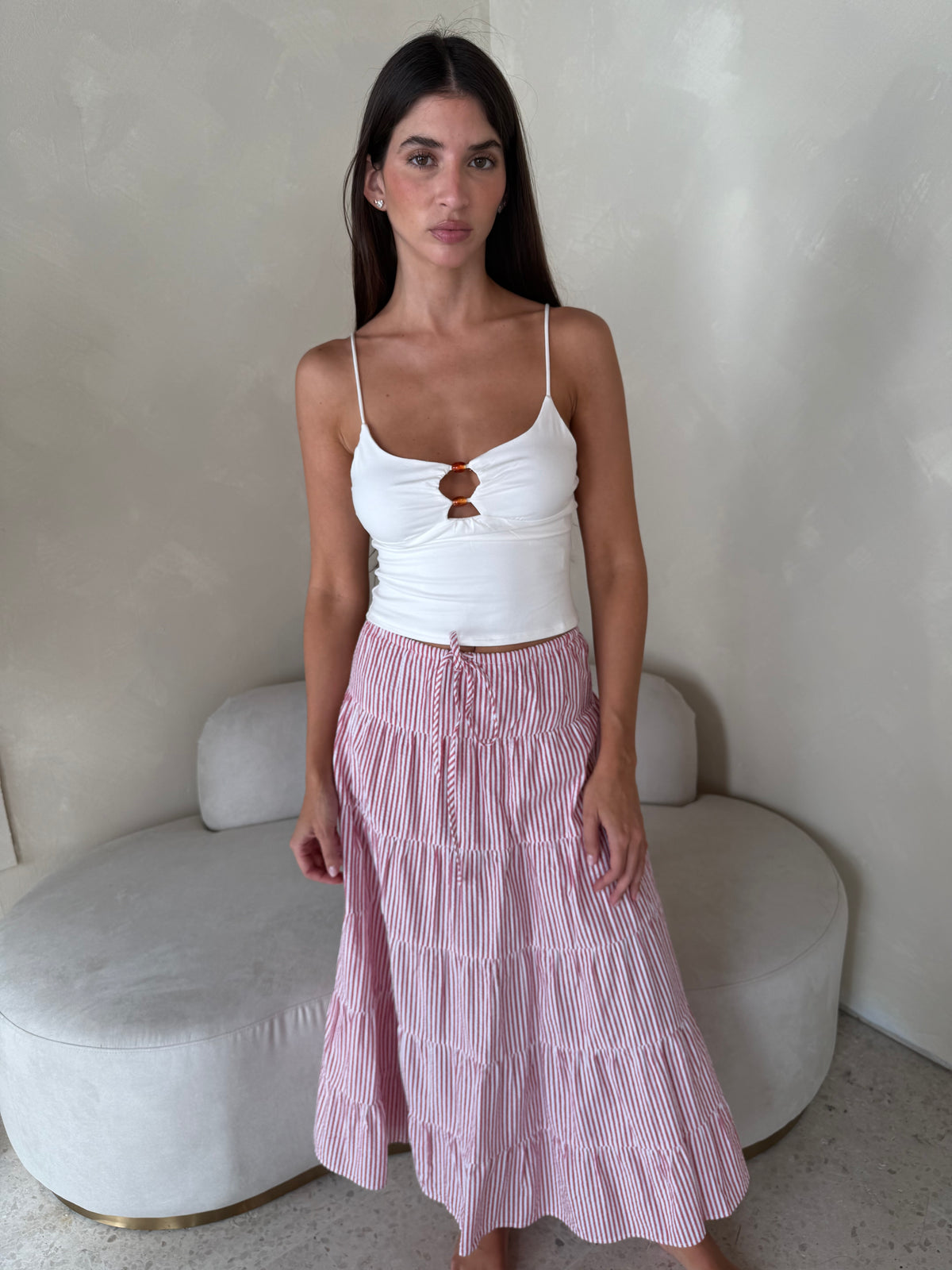 Stripe Drawstring Midi Skirt