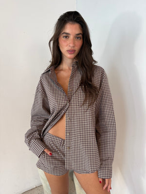 Brown Plaid LS Top & Short Set