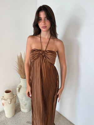 Shimmer Brown Pleated Maxi Dress