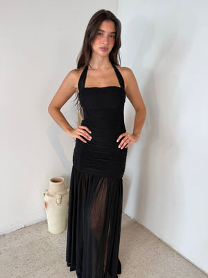 Black Mesh Ruched Dress