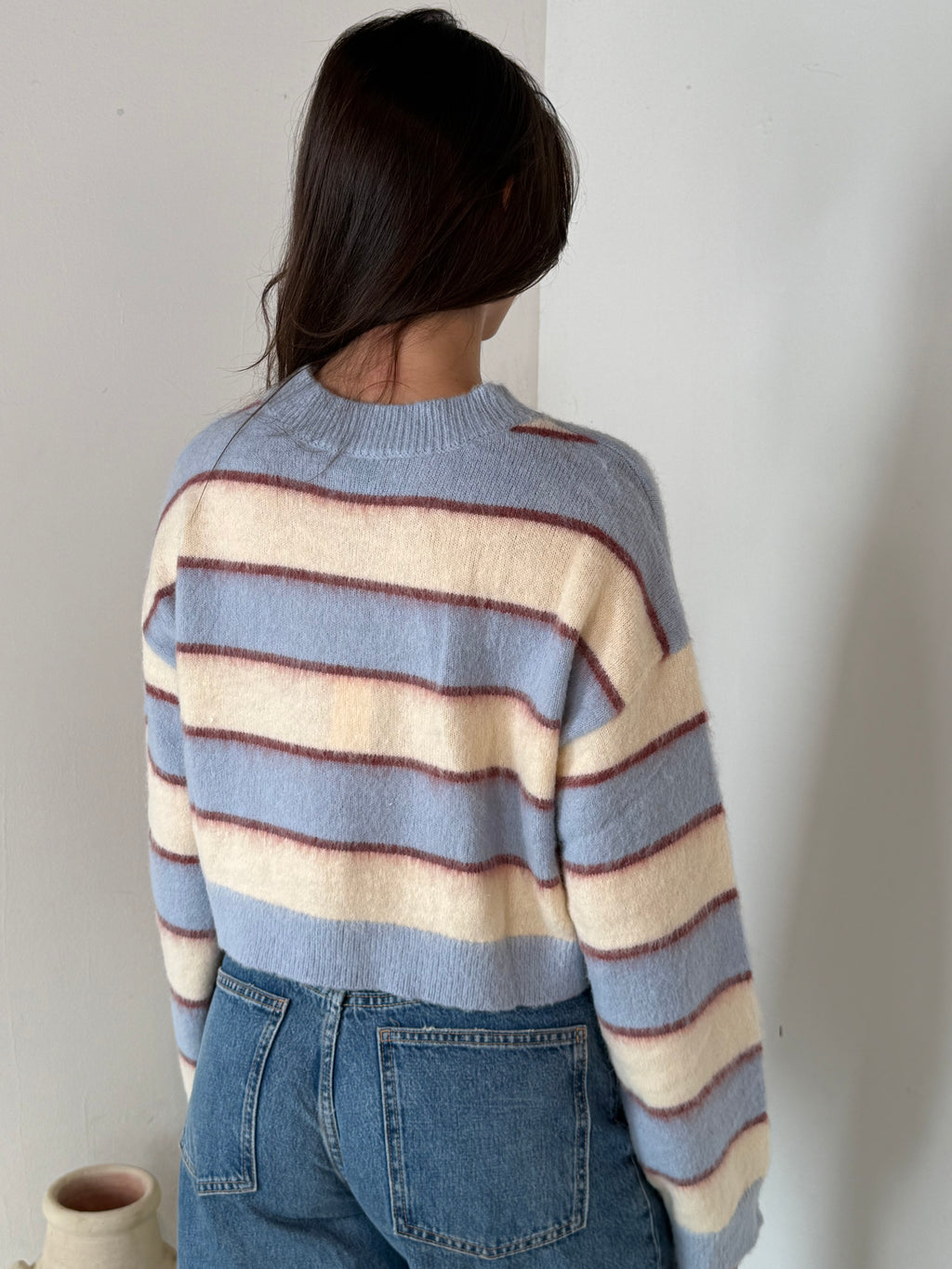 Blue Stripe Fuzzy Sweater Top