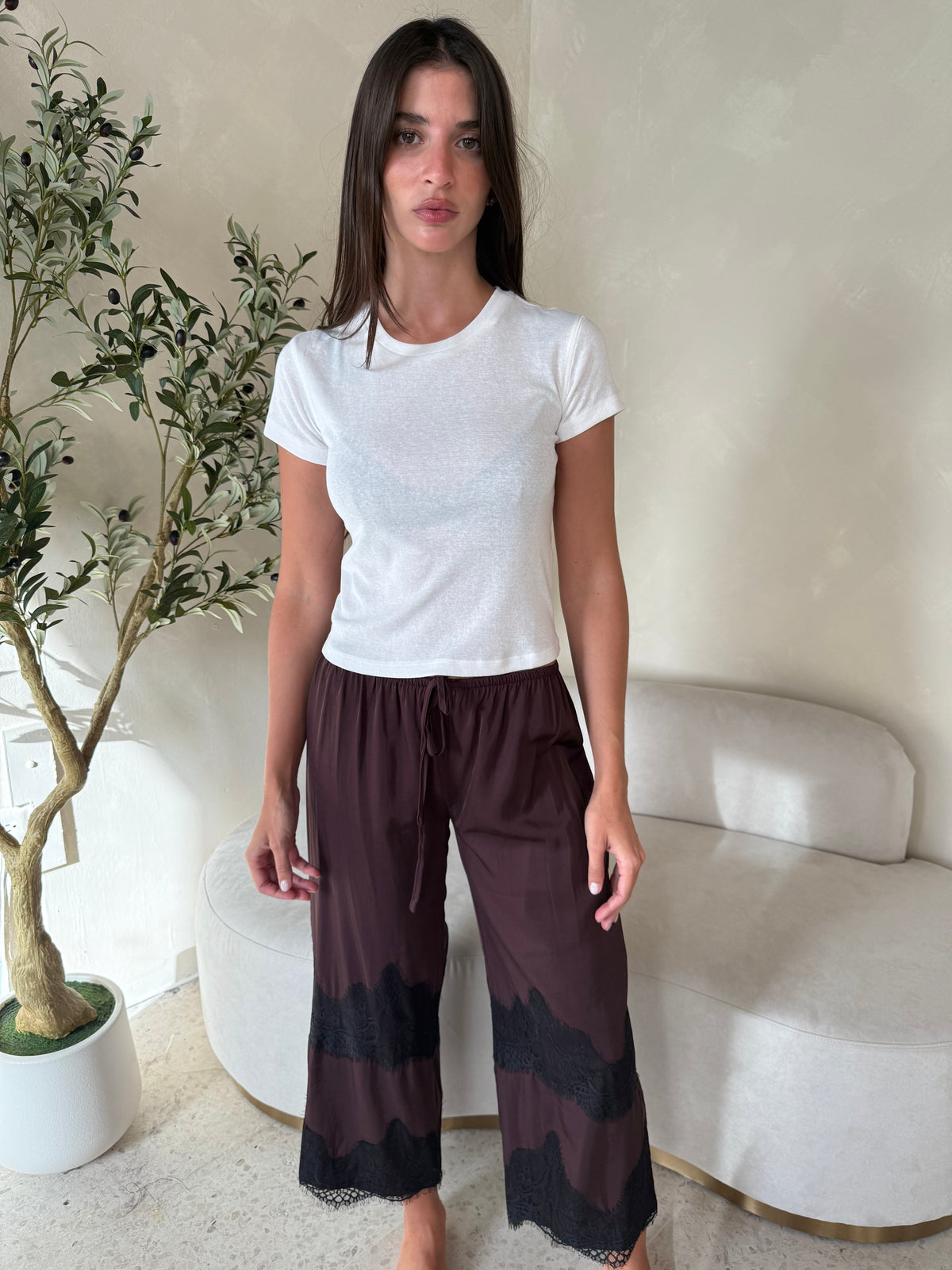 Plum Lace Trim Pants
