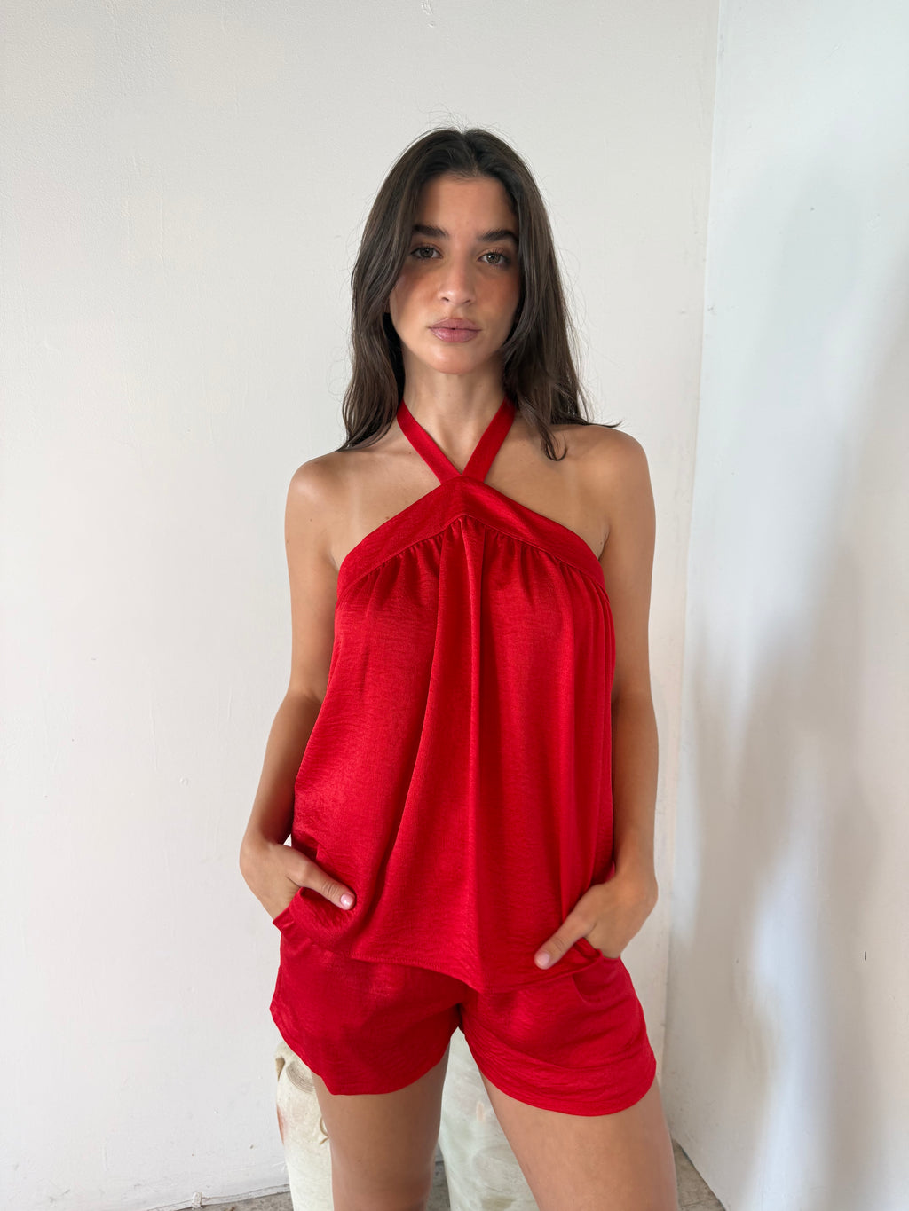 Red Satin Top & Short Set