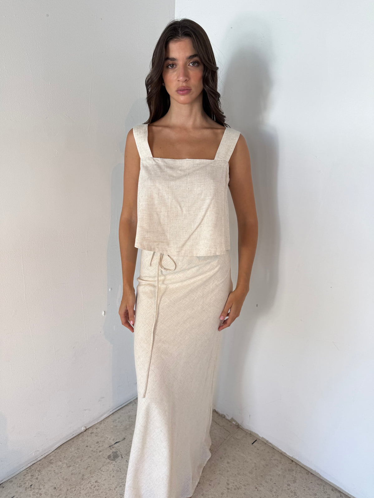 Linen Flare Crop Top And Bias Maxi Skirt