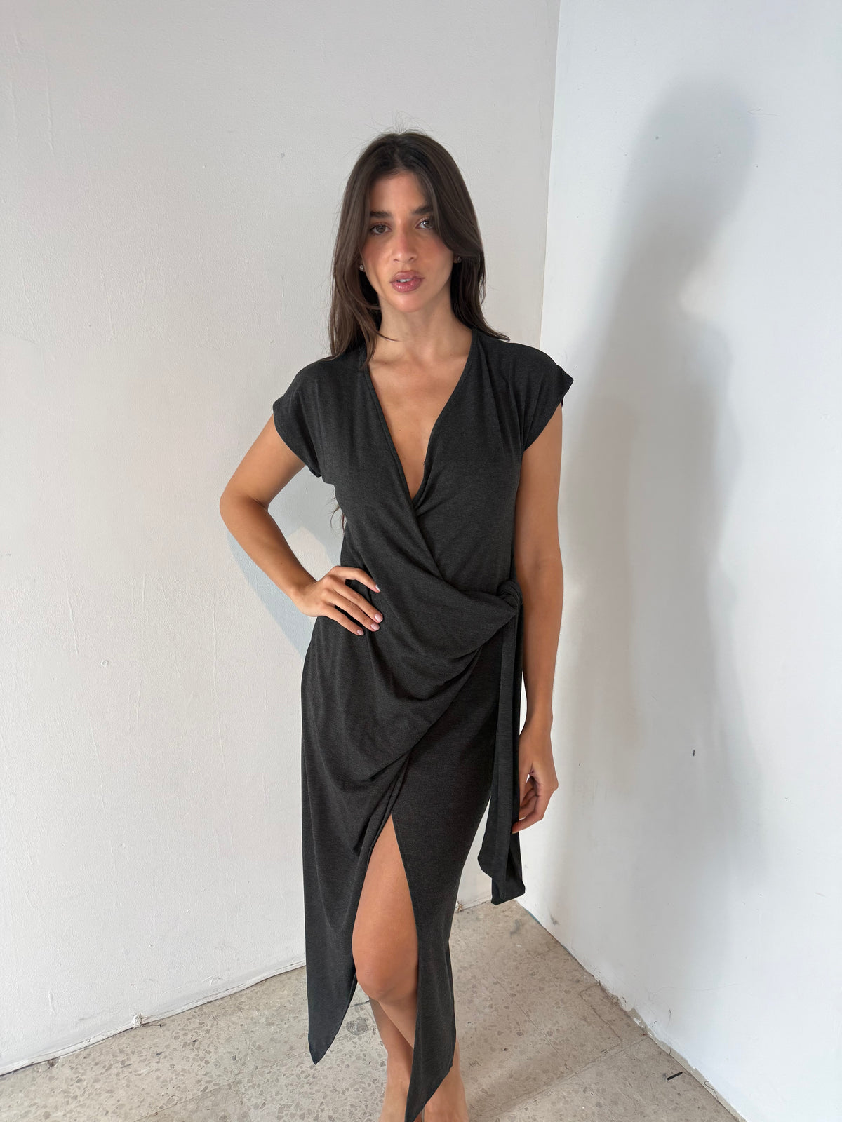 Charcoal Short Sleeve Waist Tie Maxi Dress
