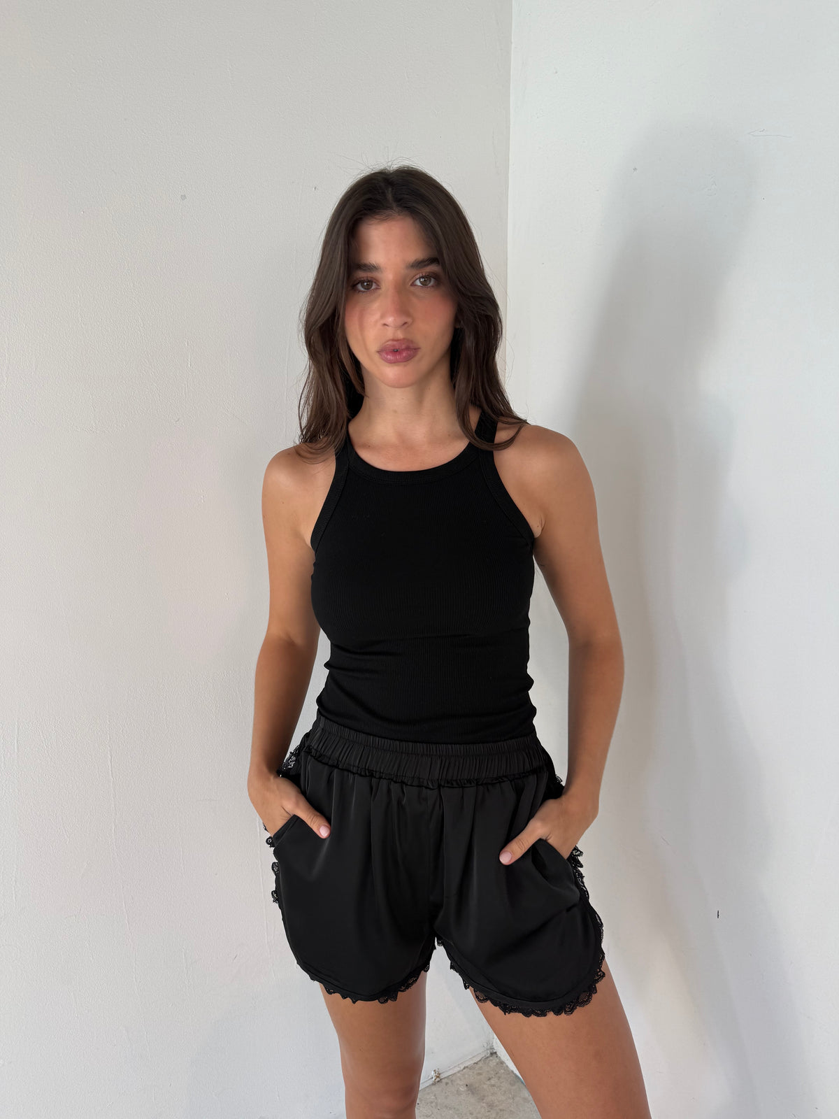 Black Lace Trim Satin Shorts