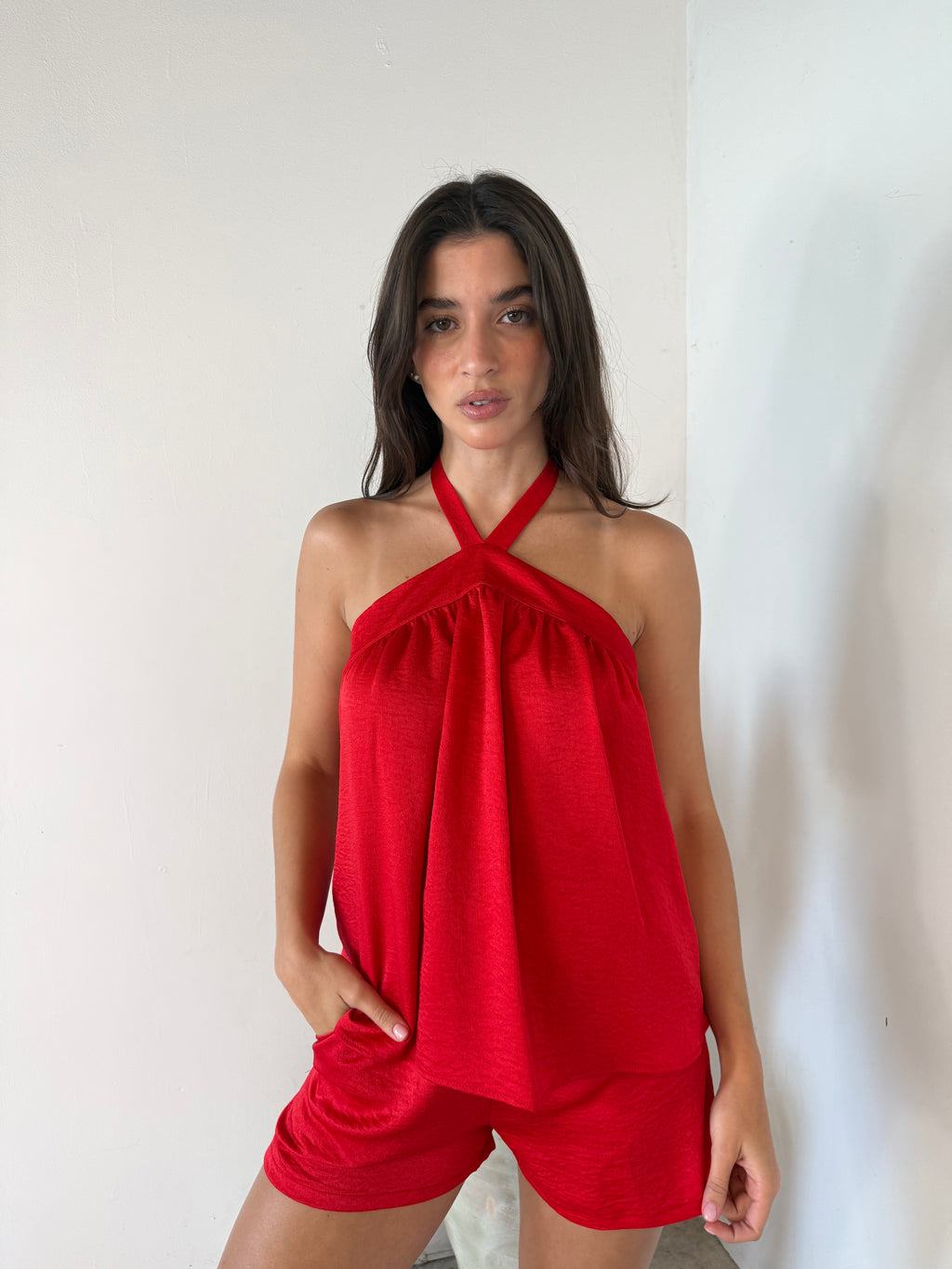 Red Satin Top & Short Set