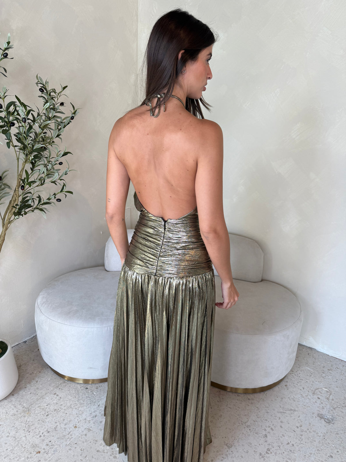 Gold Lurex Pleated Maxi Dress