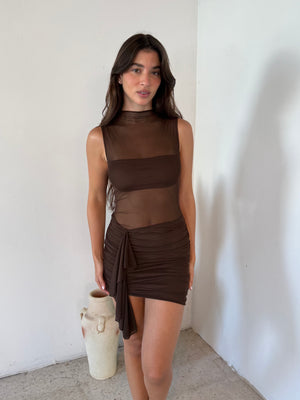 Brown Mesh Mini Dress