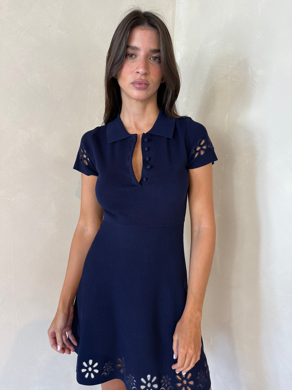 Navy SS Eyelet Polo Dress
