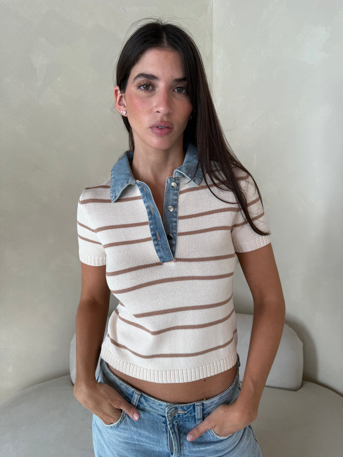 Denim Stripe Collar Top