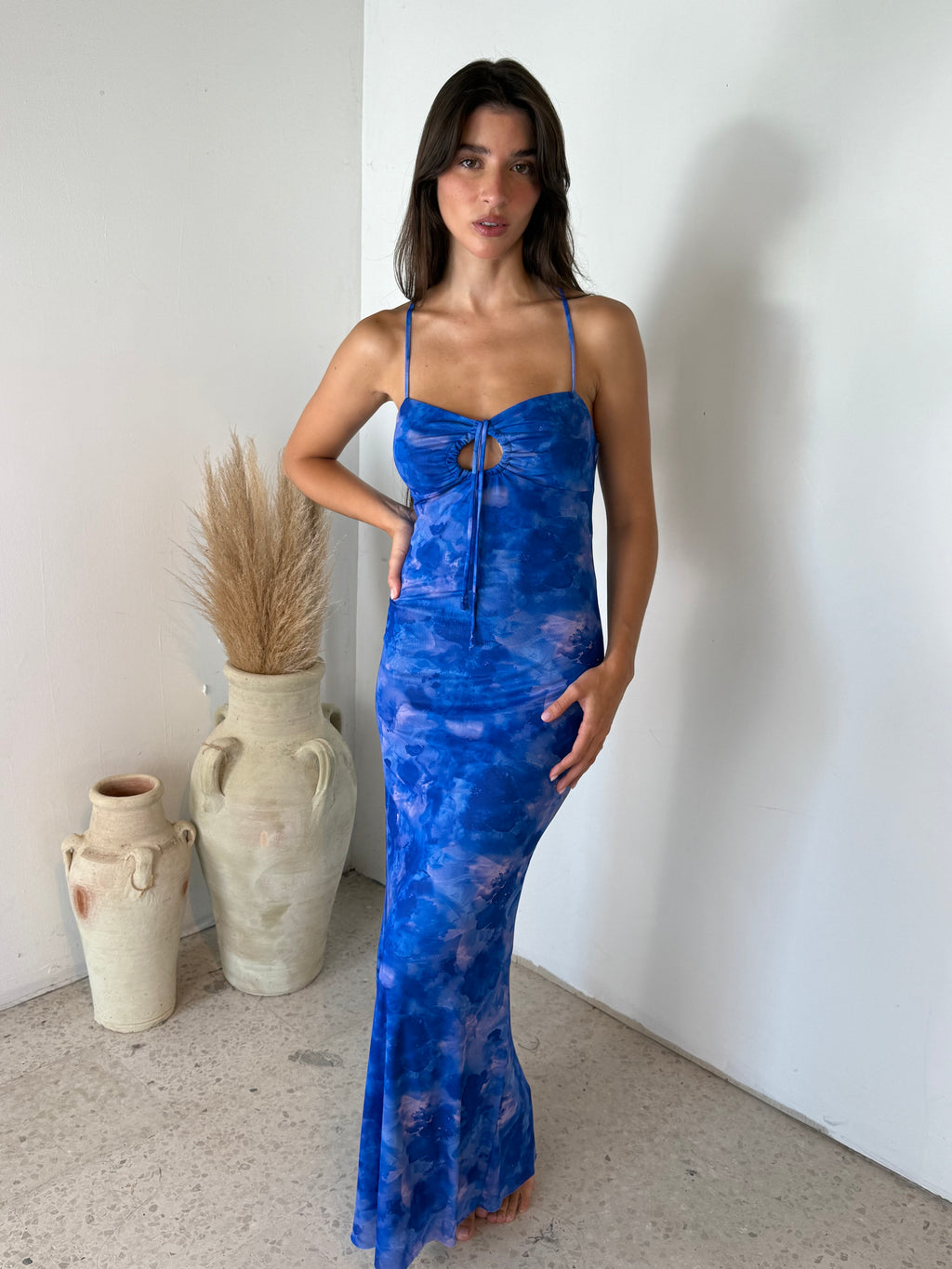 Blue Floral Mesh Maxi Dress