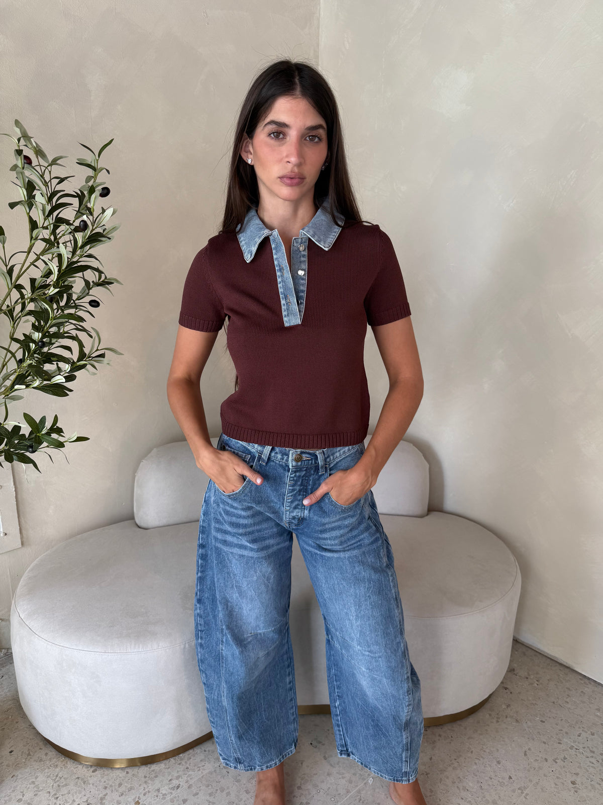 Denim Contrast Collar Top