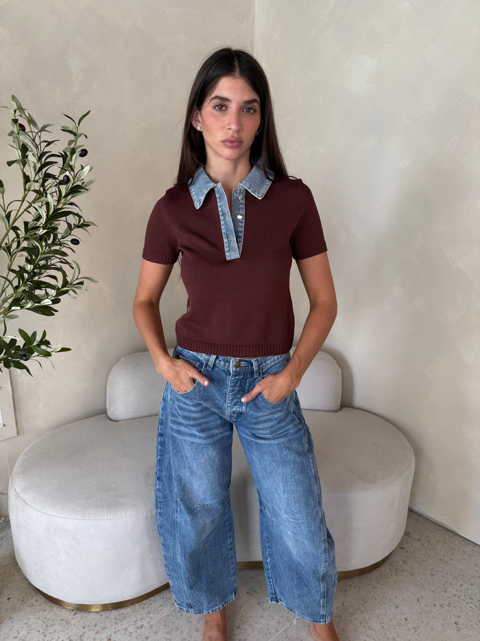 Denim Contrast Collar Top