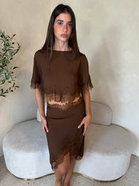 Satin Cape Top Brown & Skirt Set