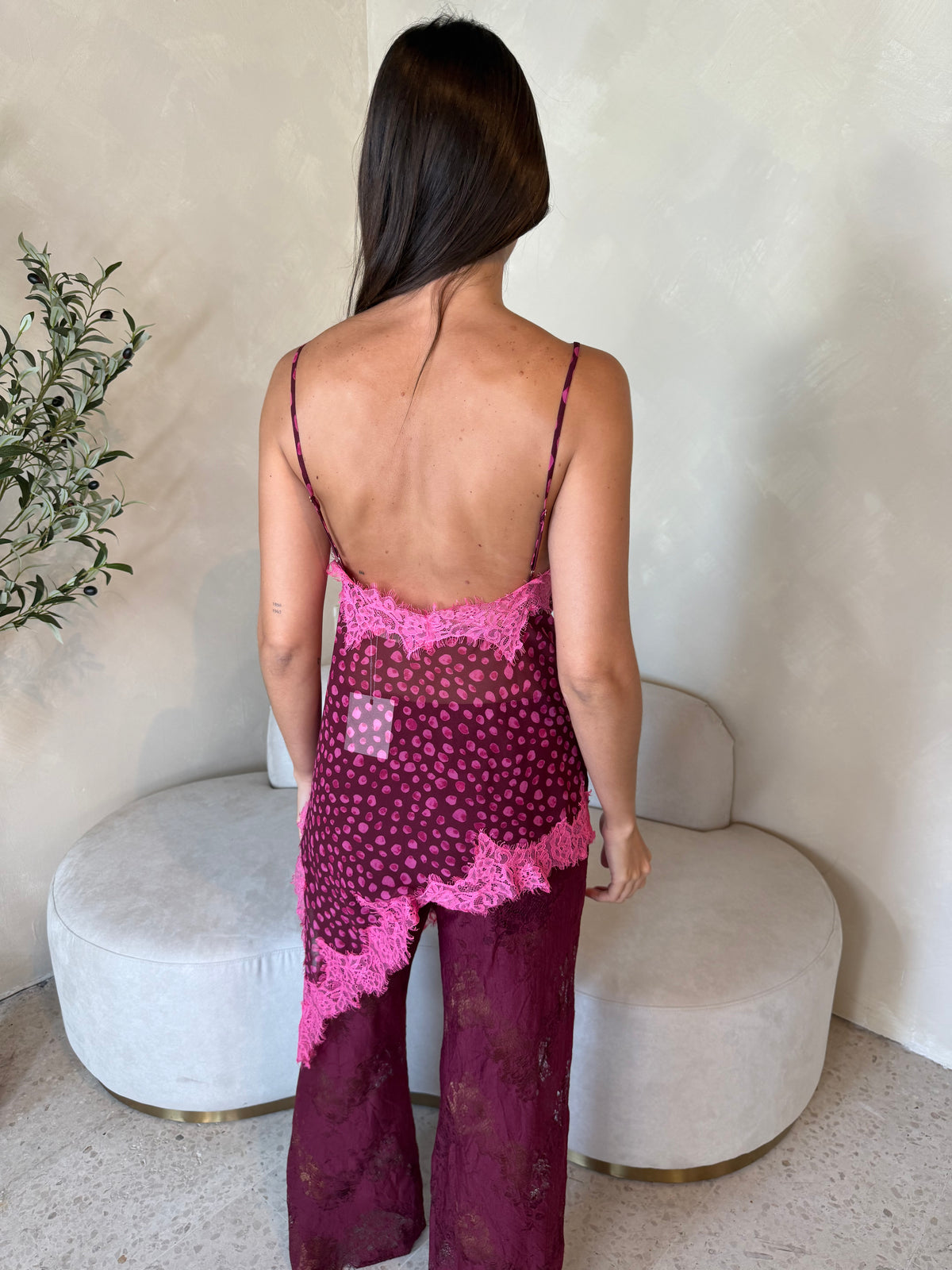 Burgundy Chiffon Lace Top & Pant Set