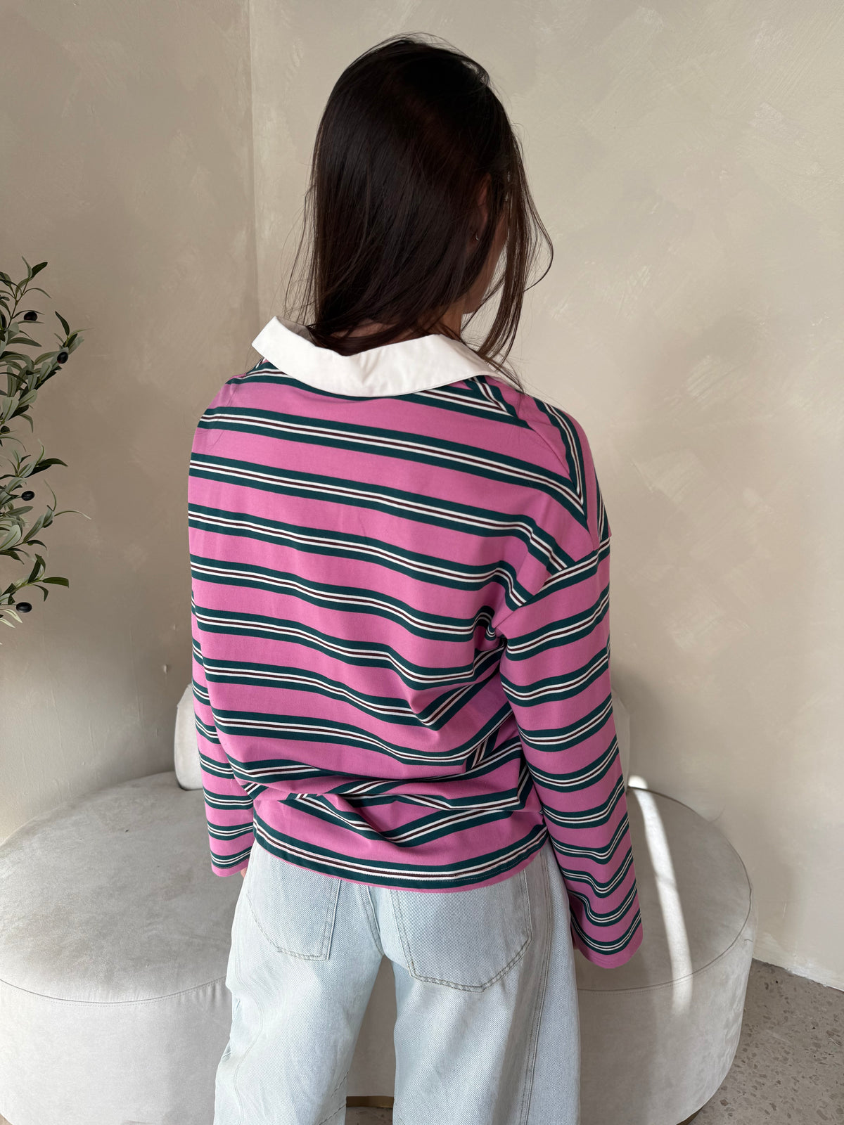Pink Green Stripe Collar Top