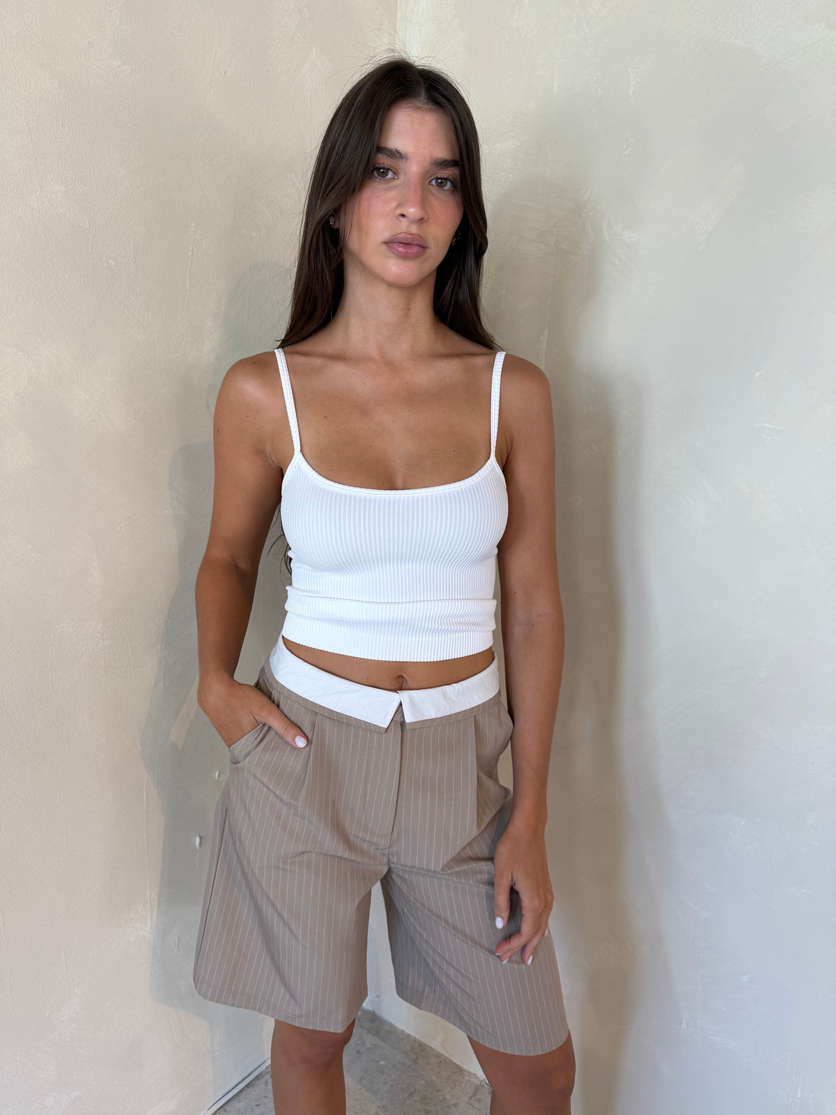 Beige Striped Shorts