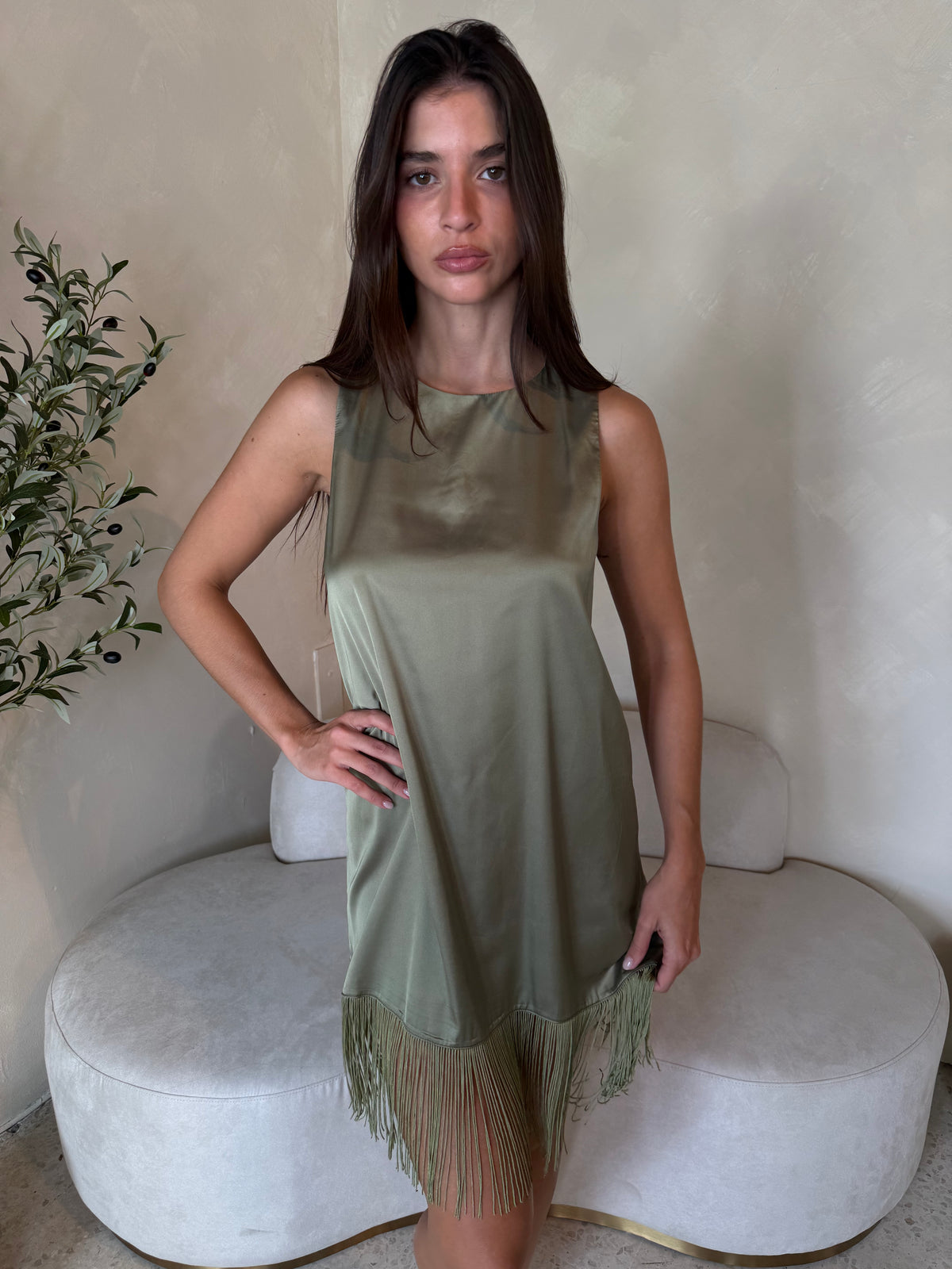 Olive Fringe Mini Dress