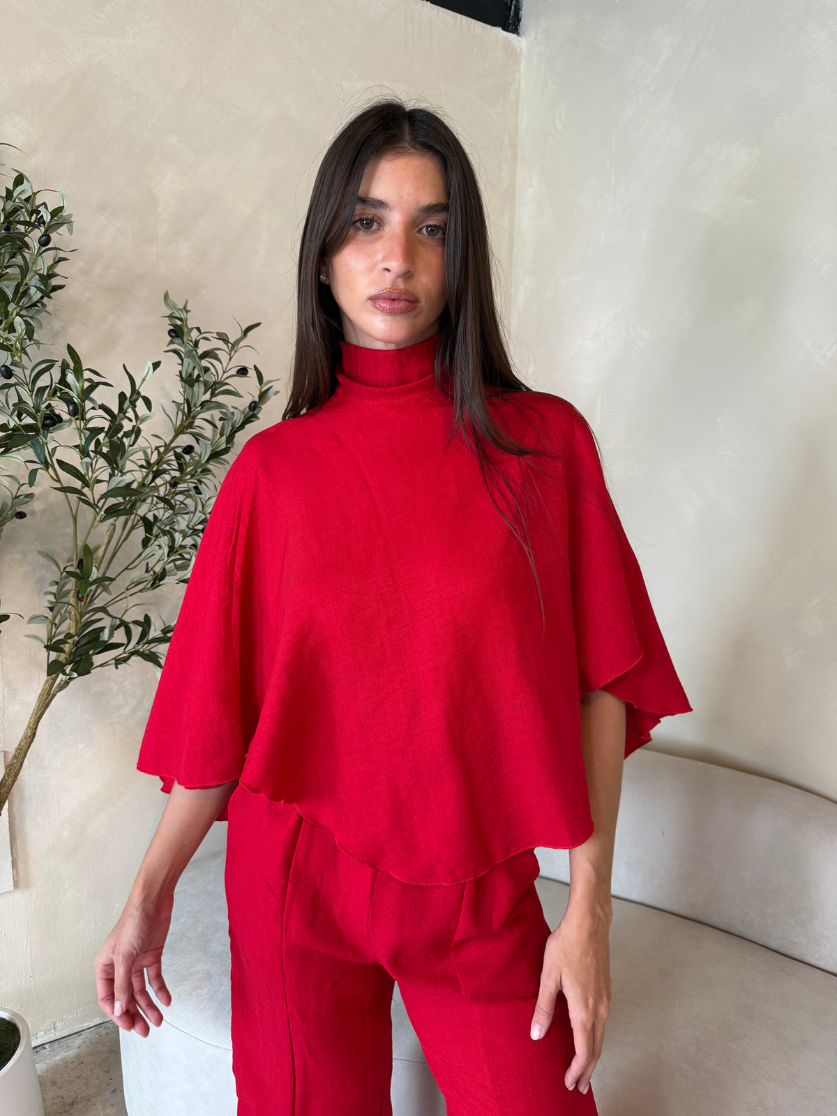 Cape Top And Slit Wide Leg Pant Set