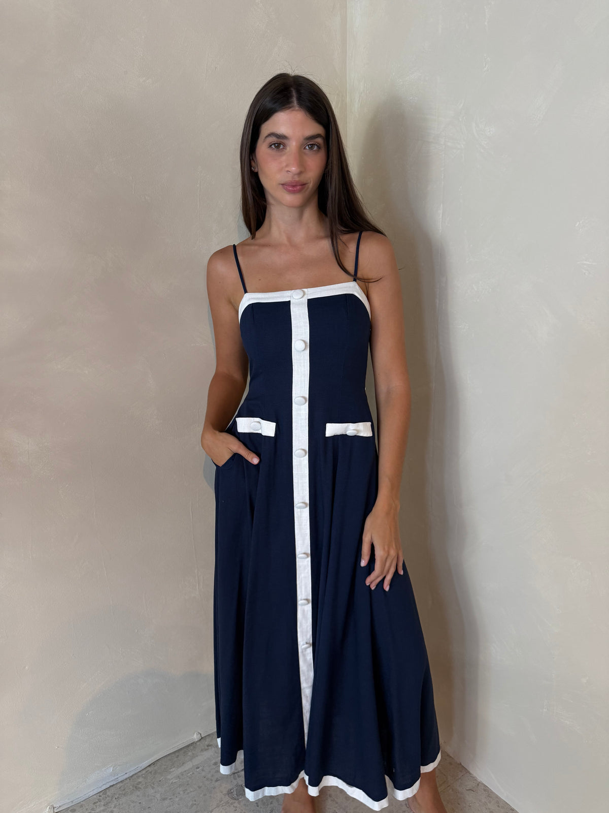 Navy Button Midi Dress