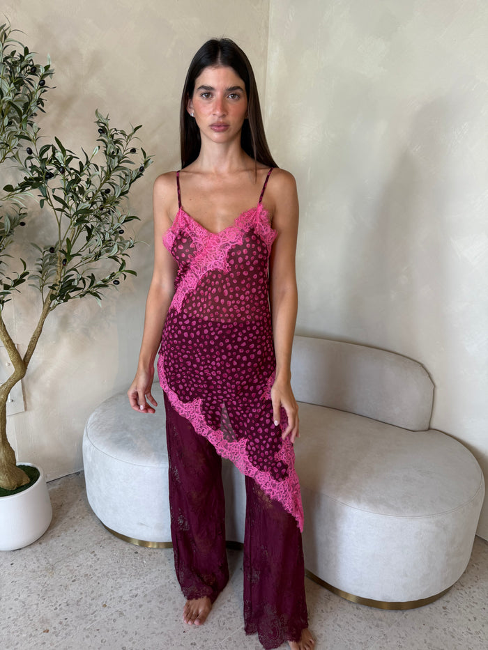 Burgundy Chiffon Lace Top & Pant Set