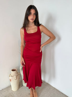 Red Ruched Midi Dress