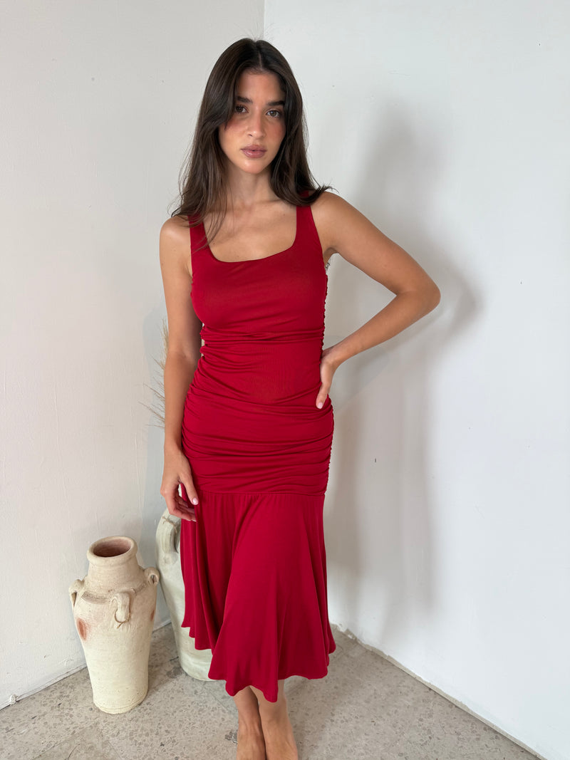 Red Ruched Midi Dress