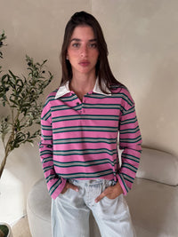Pink Green Stripe Collar Top