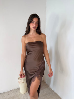 Brown Lace Satin Midi Dress