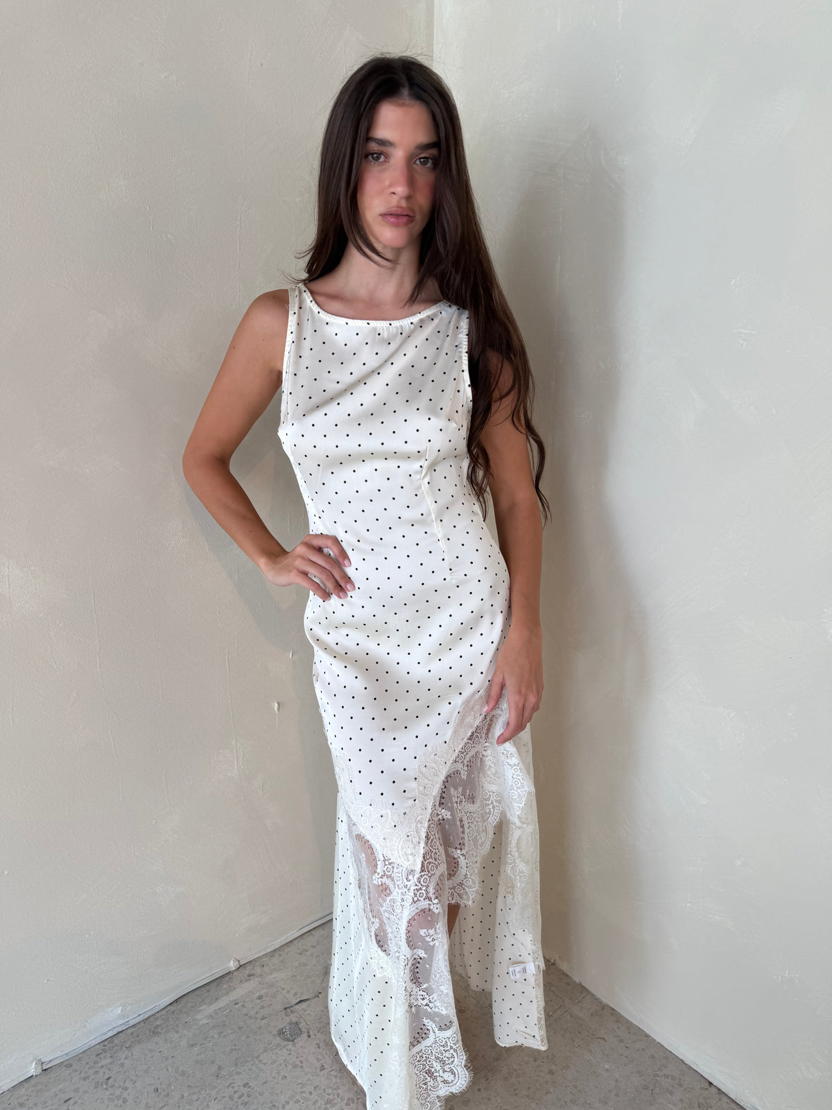Polka Dot Satin Lace Maxi Dress