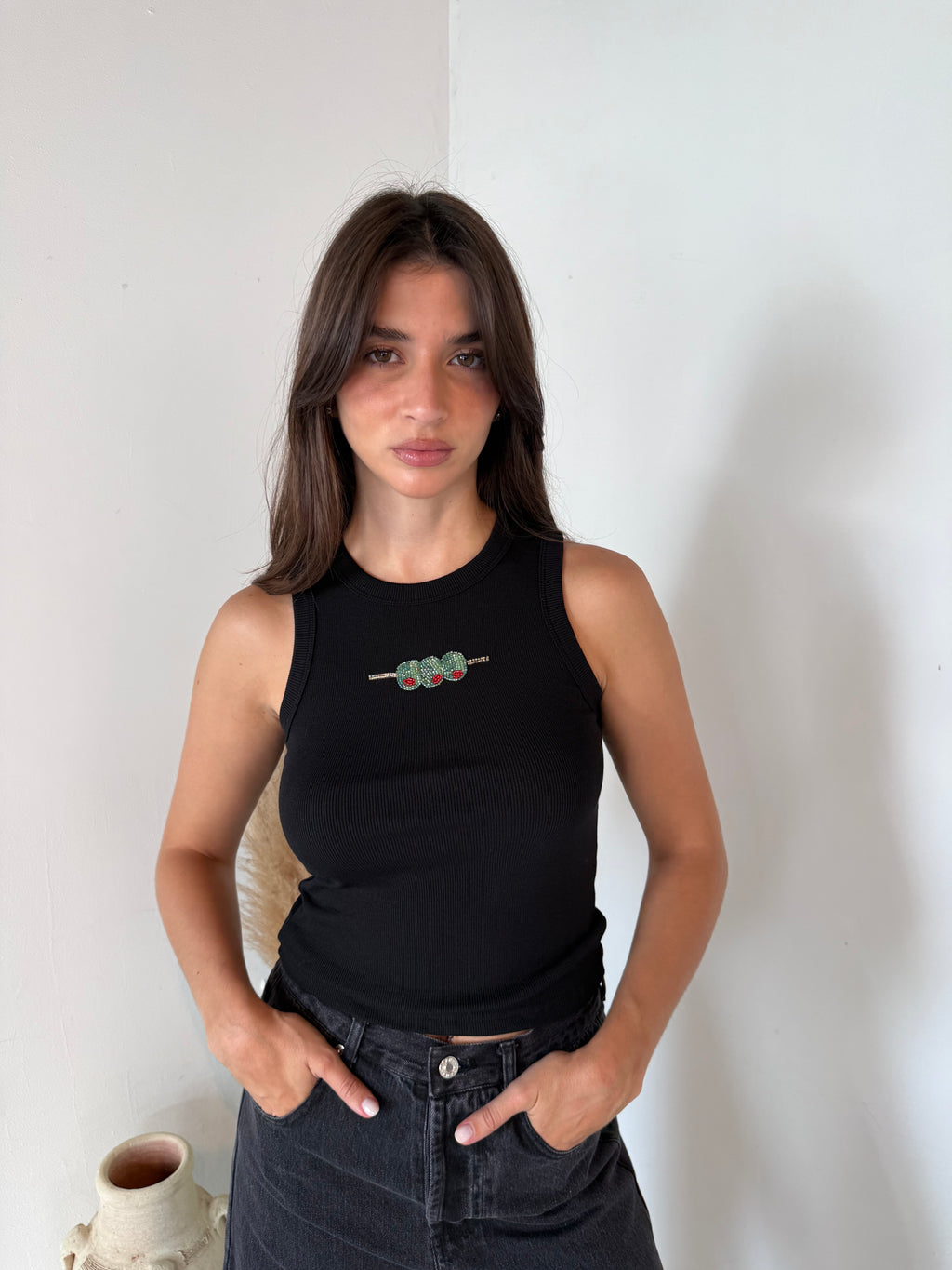 Olive Ribbed Beaded Tank