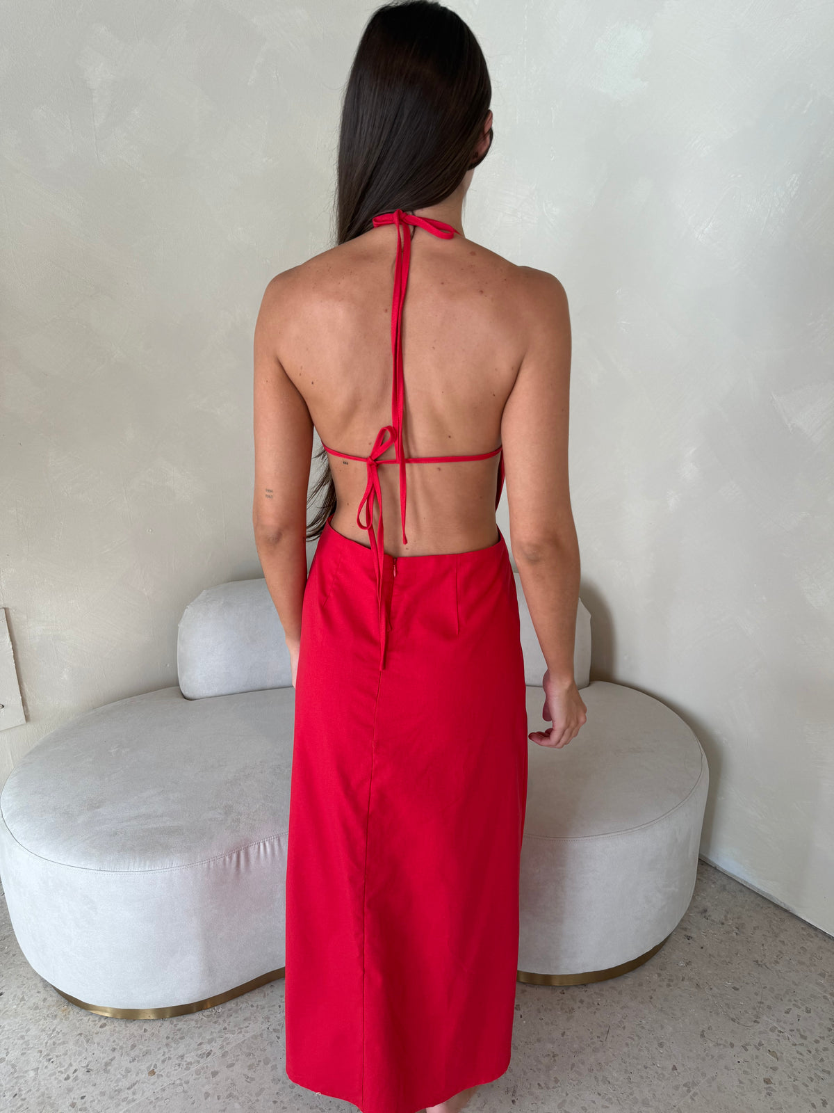 Linen Halter Backless Midi Dress