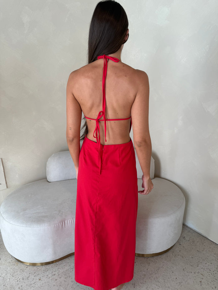 Linen Halter Backless Midi Dress