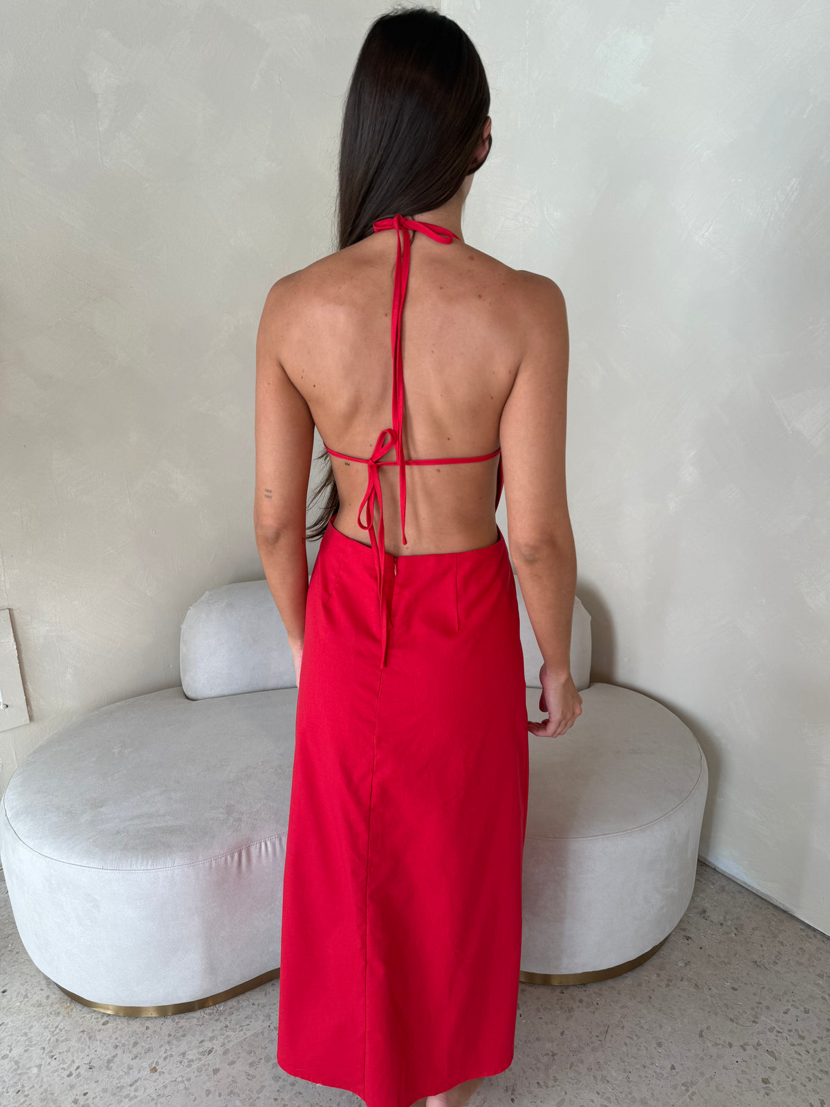 Linen Halter Backless Midi Dress
